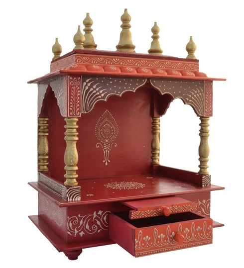 Red Painted Wooden Home Pooja Temple